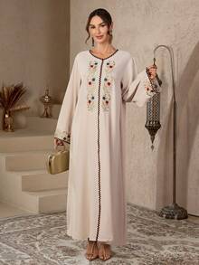 1 Piece Women's Muslim Floral Embroidery Kaftan Abaya Dress Modest Caftan Arabic Long Dress Spring - Apricot - View 6