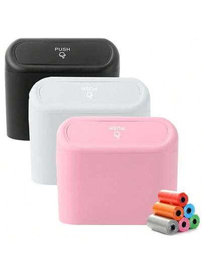 1pc Mini Car Trash Can With Lid, Leak-Proof, Includes 15 Trash Bags, Portable Hanging Garbage Bin, Fits Various Car Models, Convenient And Hygienic, Can Be Hung On Car Door For Storage And Organization (Trash Bag Color Random)