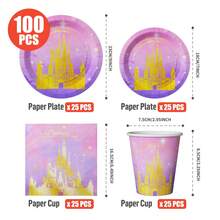 25件套一次性公主城堡主题派对用品套装，包括盘子、餐巾纸、杯子，适合生日、婚礼、家庭野餐等场合。 - 彩色 - 查看 10