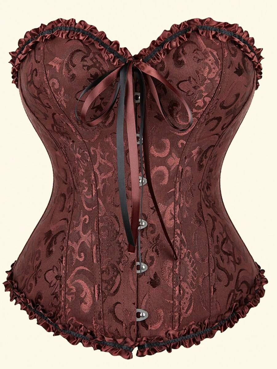 Jutrisujo Corset Tops For Women Overbust Bustier Top Push Lace Up Plus Size Renaissance Victorian Princess - 819-Brown - 查看 1