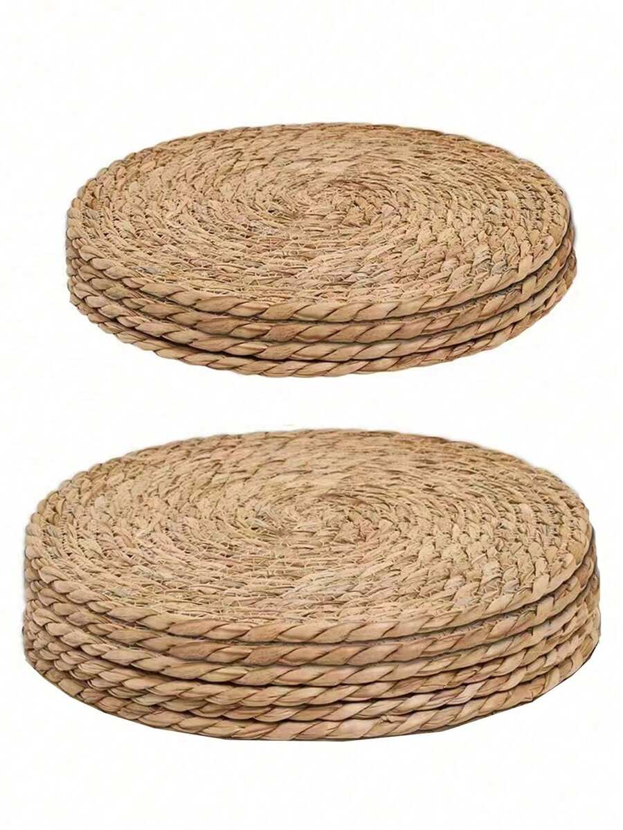6pcs Woven Placemats, Round Rattan Placemats, Natural Handwoven Water Hyacinth Placemats, Farmhouse Style Wicker Woven Table Mats, Suitable For Dining Table, Home, Wedding