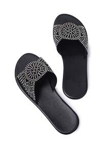 女士圆头平底软皮凉鞋，饰有水钻，波西米亚风露趾拖鞋，夏季度假风，适合户外穿着，性感时尚的派对鞋，纯色，舒适轻便。 - 黑色 - 查看 6