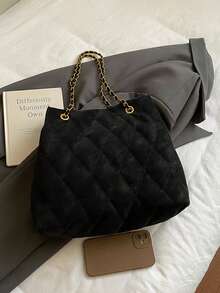 Large Capacity Fashion Tote Bag, Padded, Embroidered Quilted, Soft, Winter Chain Strap Shoulder Crossbody Bag For Women