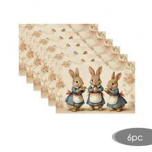 2/4/6/8pcs Rectangular Vintage Easter Happy Placemats, Vintage Easter Dining Table Decor With 3pcs Brown Rabbit Apron Floral Pattern, Seasonal Holiday Placemats For Kitchen Dining Room