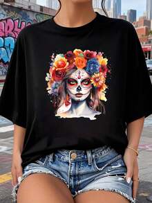 Camiseta La Catrina Día de los Muertoséxico 2026 nuevas camisetas impresas para mujeres, estilos populares, camisetas de primavera para mujeres, camisetas de invierno, camisetas de para mujeresás vendidas - Negro - Ver 1
