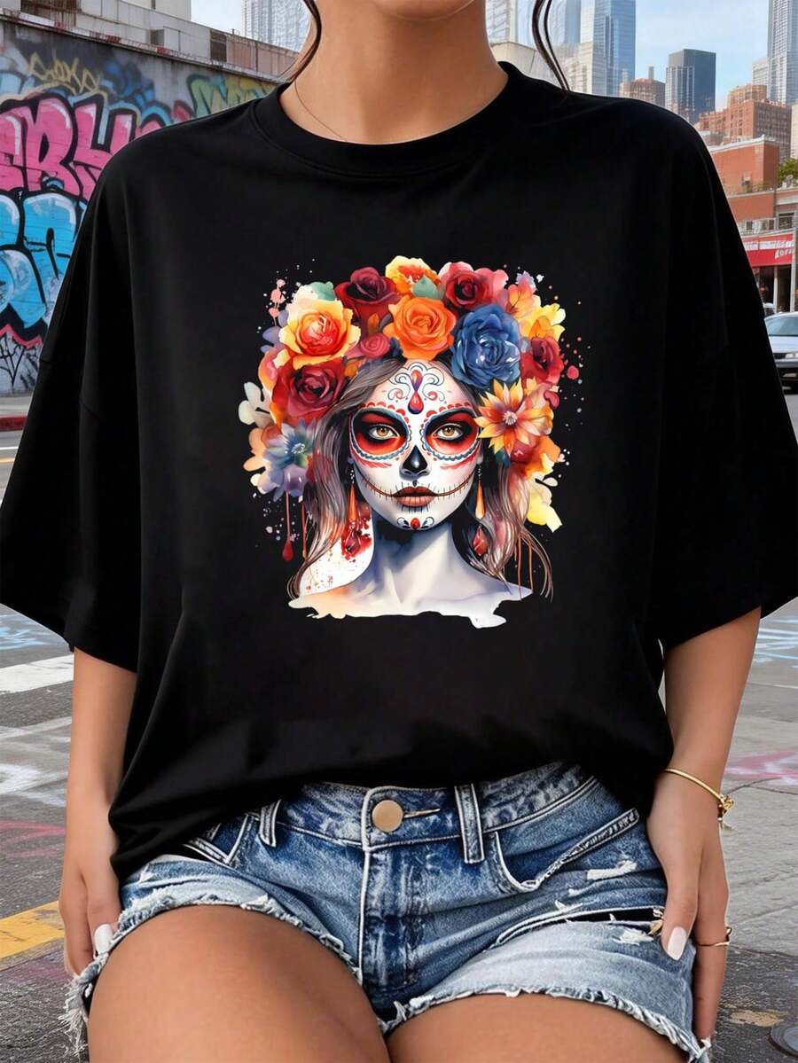 Camiseta La Catrina Día de los Muertoséxico 2026 nuevas camisetas impresas para mujeres, estilos populares, camisetas de primavera para mujeres, camisetas de invierno, camisetas de para mujeresás vendidas - Negro - Ver 1