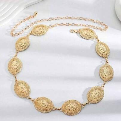 Bohemian Metal Waist Chain For Women, Flower Disc Splice Vintage Waist Chain, Accessory For Dress, Gold Color