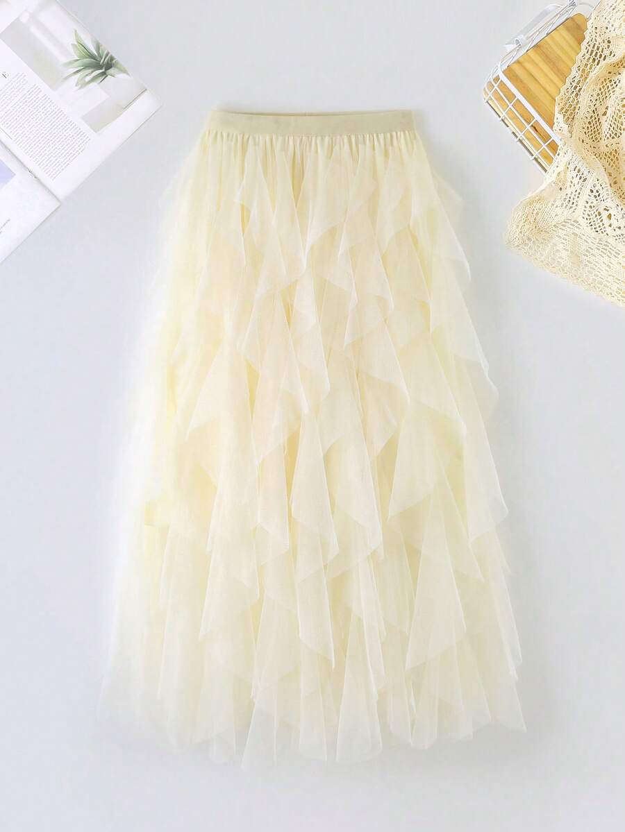 1pc Women's Asymmetrical Ruffled Layered Cake Skirt, Tulle Puff Mini Skirt - Beige - View 1