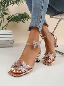 晚宴魅力凉鞋 | 玫瑰金蝴蝶结镶钻踝带凉鞋 - 金色 - 查看 6