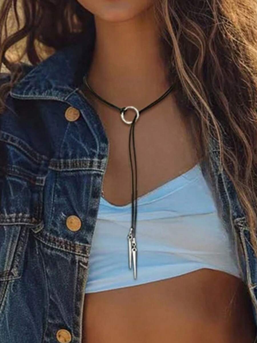 1pc Boho Geometric Silver Hoop Punk Metal Stud Pendant Black Leather Cord Multi-Wear Necklace Bracelet, For Men And Women, Daily Beach - Multicolor - View 1