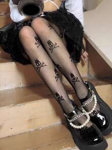 1pc Women's Dark Gothic Black Skeleton Print Leggings, Personalized Hollow Out Stockings Sexy Punk Street Fishnet Tights, Lolita Cool Goth Grunge Y2K Black Pantyhose - Black - View 5