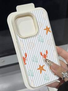 1件装 时尚夏季限量版蓝色条纹龙虾海星纹理TPU防水防震防滑软手机壳，兼容苹果手机 - 彩色 - 查看 3