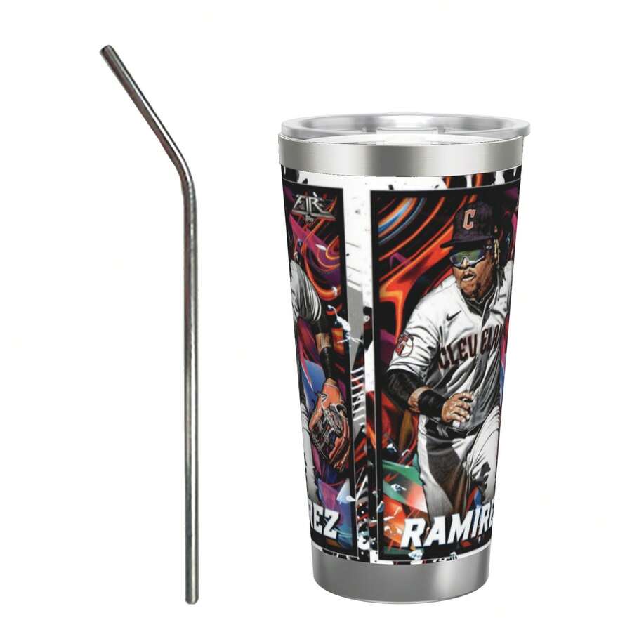 304 Stainless Steel Double Silver Edge Vacuum Insulated Drum 340g - Reusable Travel Cup With Stainless Steel Straw - This Is A Stainless Steel Water Cup About The Jose Ramirez Theme - Leak Proof, Sweat Proof, Can Maintain Hot And Cold Temperatures For Hours, Frees Of Bisphenol A, Suitable For Car Cup Holders, Very Suitable For Match Days, Sports Events, Commuting, Office Rest And Outdoor Activities, Durable Double Wall Structure Fashionable Fan Gift - Silver - View 1