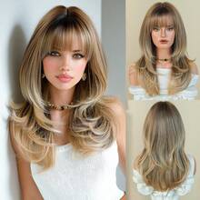 7JHH WIGS 優雅亞麻金漸層長層次瀏海假髮 女款 24英吋 耐熱纖維 全機製合成直髮假髮 適合日常配戴、音樂節、派對使用，母親禮物 - 金色 - 查看 12