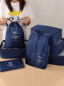 10件套旅行收纳袋,可折叠行李打包袋,大容量衣物收纳袋,束口袋,旅行配件收纳包,适用于化妆刷、卫生巾、口红、化妆品、牙刷、肥皂、梳子、珠宝、电子产品等,化妆包,旅行必备 - 藏蓝色 - 查看 3