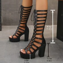 Plus Size High Heel High Top Lace-Up Sandals Fashion Strap Design Comfortable Chunky Heel Hollow Out Sandals One Piece - 黑色 - 查看 2