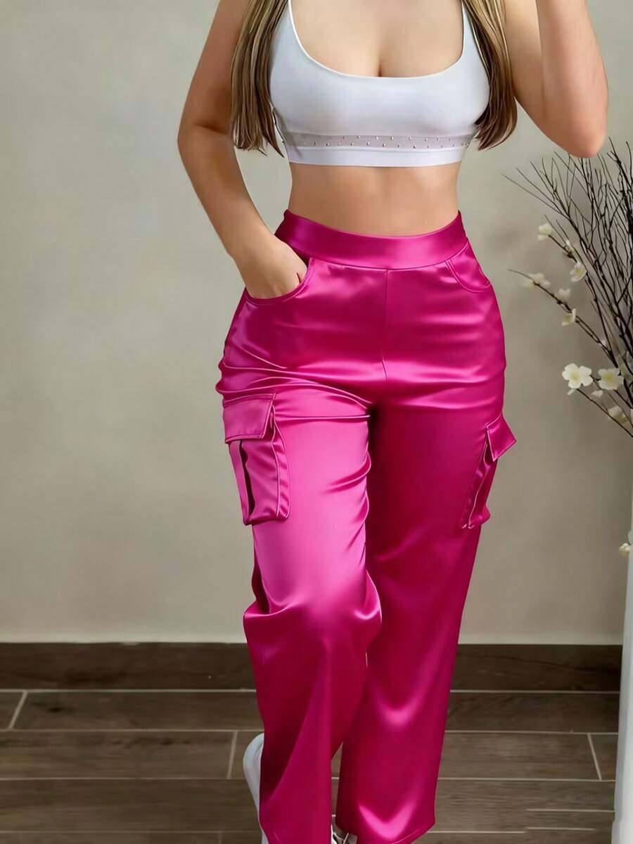 European & American Style Women's Elastic Waist Straight Leg Pants With Side Pockets, Smooth Satin Finish, Suitable For Commuting And Streetwear - Hot Pink - View 1