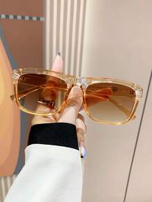 Women's Champagne Color Oversized Retro Square Plastic Frame Sunglasses, Suitable For Large Faces, Ideal For Beach, Driving And Daily Wear, Spring/Summer - 香檳色 - 查看 2
