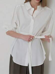 Women's White Polyester Blouse, Asymmetric Waist Belt Design, Knotted Detail, Loose Fit Long Style - White - View 3