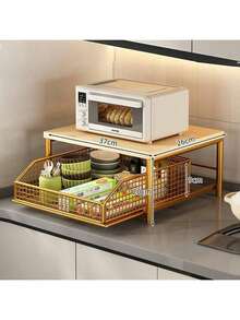 Multi-Tier Pull-Out Kitchen Storage Rack With Drawers - Space-Saving Countertop Organizer For Microwave, Oven, And Air Fryer - Sturdy Metal Frame, Easy Assembly, Clutter-Free Design, Practical Shelving - Đen 2 lớp - Xem 3