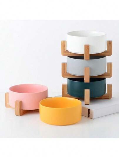 Ceramic Pet Bowl Cat Dog Wooden Rack Bowl Large Capacity Dog Cat Food Water Feeder Cats Small Dogs Pet Bowl