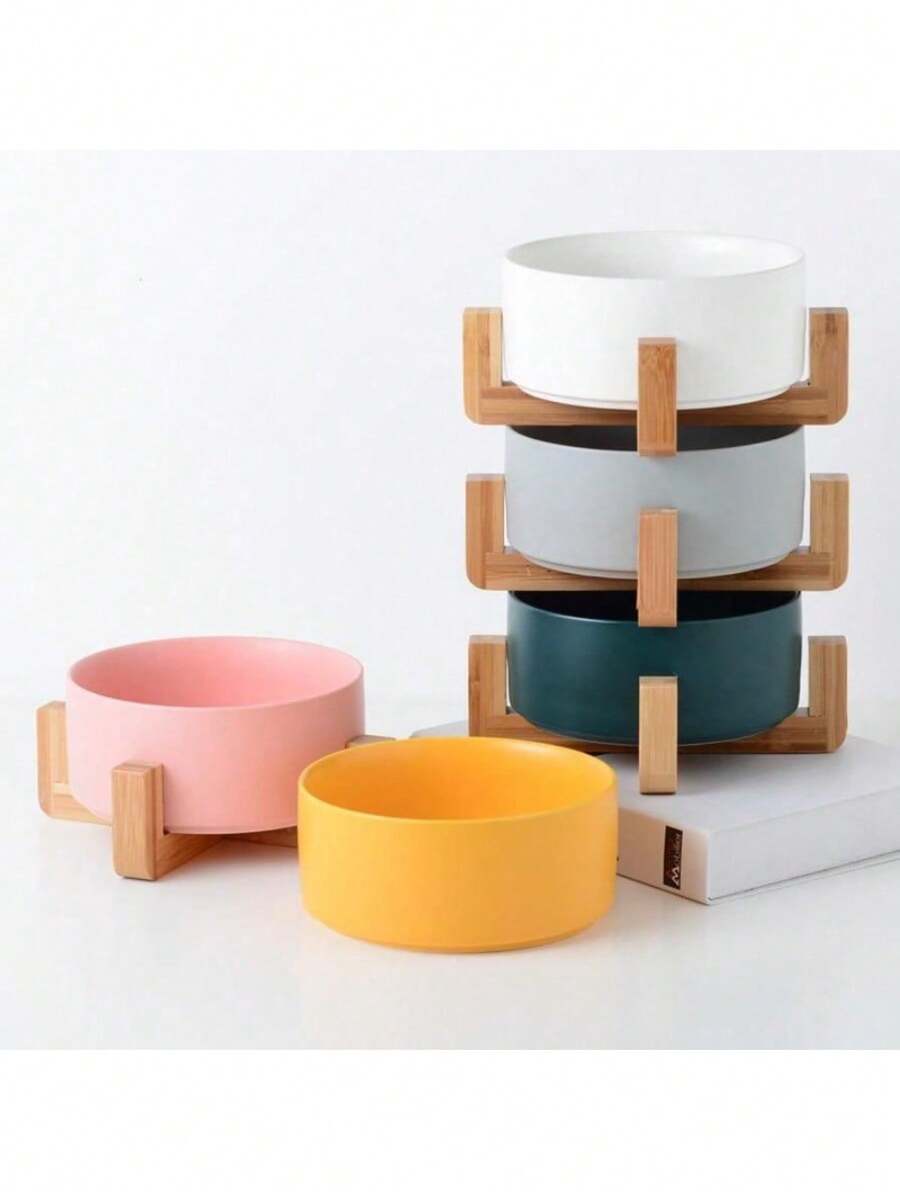 Ceramic Pet Bowl Cat Dog Wooden Rack Bowl Large Capacity Dog Cat Food Water Feeder Cats Small Dogs Pet Bowl - 850ml - View 1