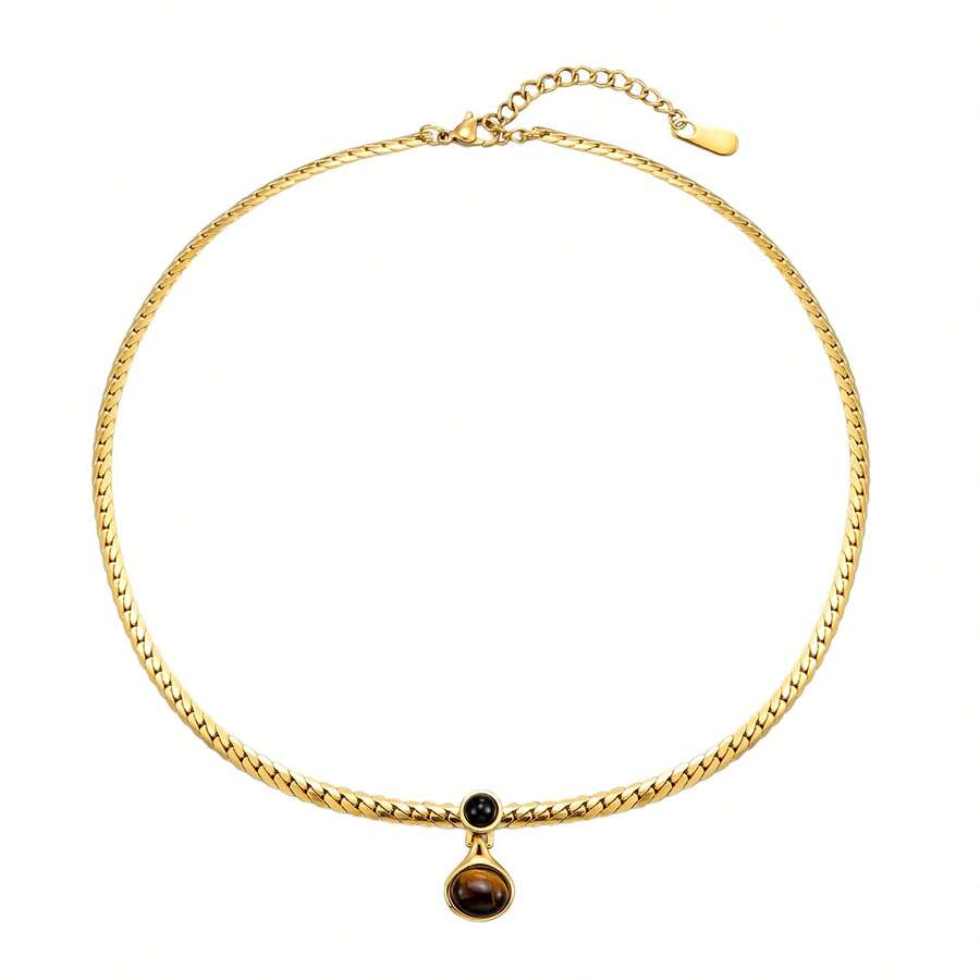 1pc Elegant Gold-Plated Tiger Eye Stone Pendant Necklace, Suitable For Women's Daily Wear - Gold - View 1