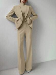 Conjunto de 3 piezas para mujer de otoño/invierno: Top mostaza, chaqueta y pantalones de primavera - Caqui - Ver 4