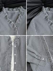 春夏黑色复古蕾丝格纹V领女式衬衫，荷叶边设计，休闲长袖修身衬衫 - 黑色 - 查看 9