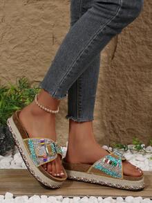 2026 Spring/Summer New Women's Sandals, Double Buckle, Rhinestone Fashion Thick-Sole Slippers, Random Floral Pattern, Essential For Vacation & Beach, Suitable For All-Day Wear - Gold - View 4