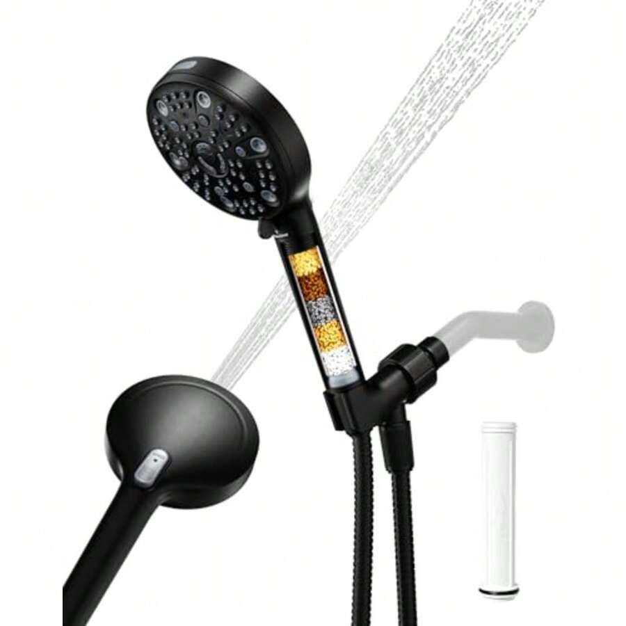 CYPNRegadera Manual Filtrada Alta Presión para Agua Dura con 7 Rociados Chorro Potente y Pausa Desmontable y Ajustable Piel y Cabello Sanos - Cromo VMASSTONE -003Fashion - Negro mate - Ver 1