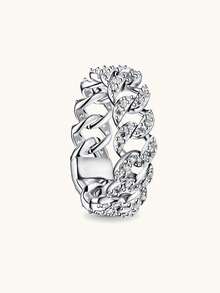 Wrist Story 1Pc Fashion High-End Exquisite Luxury Diamond Ring, Cuban Chain Inlaid Diamond Ring, Wedding Ring, Engagement Ring, Suitable As A Beautiful Gift To Witness Love - Bạc - Xem 1