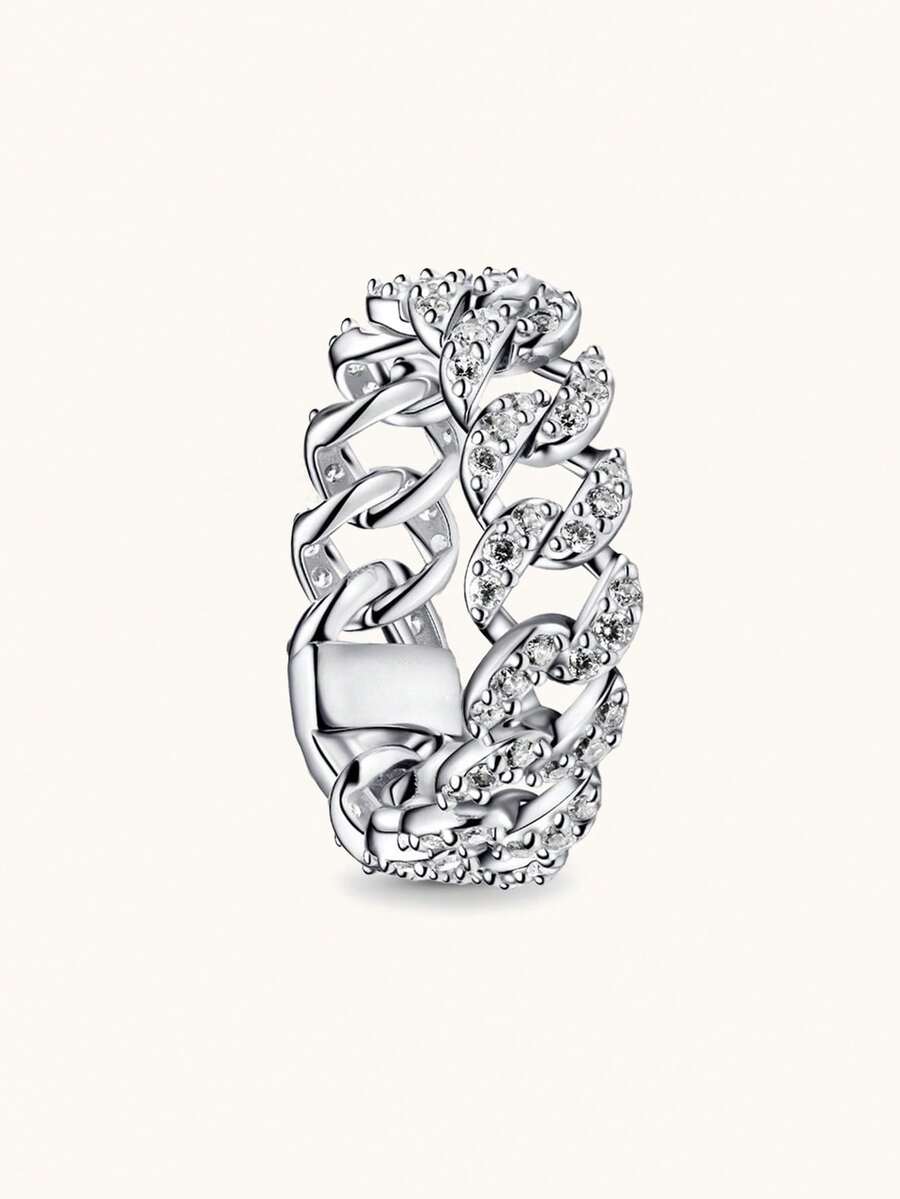 Wrist Story 1Pc Fashion High-End Exquisite Luxury Diamond Ring, Cuban Chain Inlaid Diamond Ring, Wedding Ring, Engagement Ring, Suitable As A Beautiful Gift To Witness Love - Bạc - Xem 1