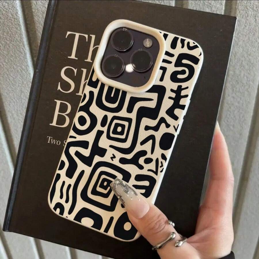 1pc TPU Material Black Abstract Geometric Pattern Phone Case Compatible With Iphone 17 Pro Max/17/16 Pro Max/15/13/12/11, S20 FE/A15/S24/A55, Compatible With Redmi Note 11/Note 12/Note 13 Pro, Full Coverage Anti-Drop Soft Shell Phone Protective Cover,International Version, Not The Domestic Version - White - View 1