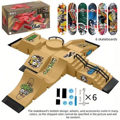 6-In-1 Finger Skateboard Game Set, Includes U-Shaped Ramp, Finger Skateboards, Training Props, Accessories, Suitable As Holiday Gift