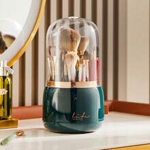 360 Rotating Makeup Brush Holder With Lid - Dustproof Organizer For Vanity, Travel & Bathroom Countertop - Dark Green - View 3