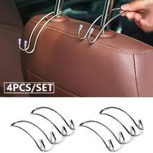 4pcs Stainless Steel Car Hooks, Seat Back Storage Hooks, Non-Magnetic Stainless Steel Double Hooks With Silicone Anti-Slip Pad, Tightly Fit Headrest Rod, No Noise During Driving