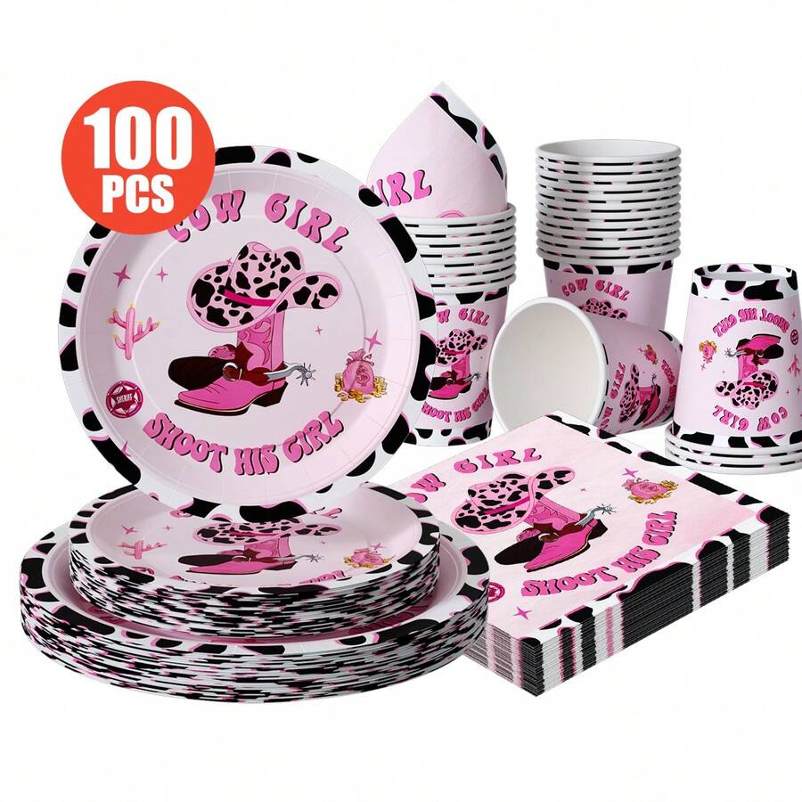 Western Cowgirl Themed Disposable Plates, Napkins, Cups - One-Time Party Supplies Set, Fits 25 Guests, Disposable Paper Plates Party Tableware Suitable For Birthday, Wedding, Theme Party, Family Picnic - Multicolor - View 1