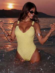 2026 New Women's Yellow Floral Jacquard V-Neck One-Piece Swimsuit With Metal Strap Decor, Beach Holiday Outfit, Suitable For Valentine's Day, Carnival Vacation Summer - Yellow - View 5