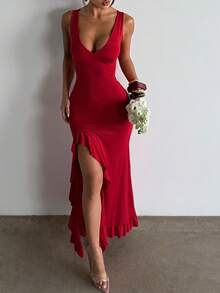 Onicee Summer V-Neck Ruffle Hem Slit Dress, Elegant Dress Suitable For Valentine's Day, Dates, Gatherings, Parties, Travel, Vacation, Beach And Other Occasions - Red - View 3