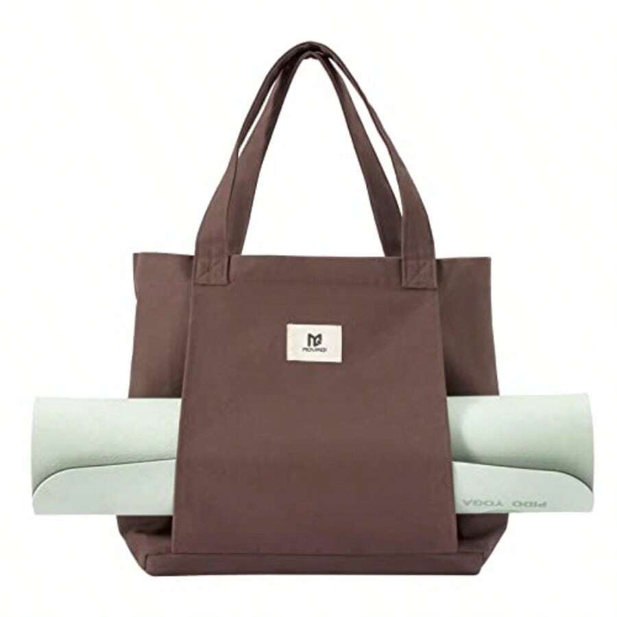 Moyaqi Cavans Tote Bag with Yoga Mat Carrier Pocket Carryall Shoulder Bag for Office Workout Pilates Travel Beach and Gym - Marrn - Ver 1