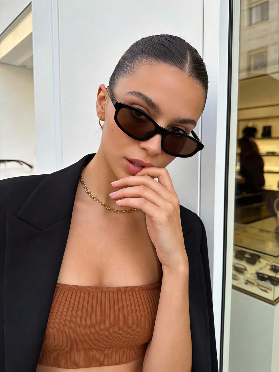 1pc Unisex Narrow Oval Cat Eye Small Frame Y2K Retro Street Style Minimalist Fashion Glasses, Suitable For Vacation - Black Frame Tea Leaves - View 1