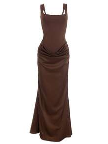 Women Sexy Elegant Backless Maxi Dress Satin Patchwork Spaghetti Strap Bodycon Dress Low Cut Square Neck Dress Club Dress Weeding Guest Cocktail Party Dress Valentines Day Summer Cloth - Brown - View 7