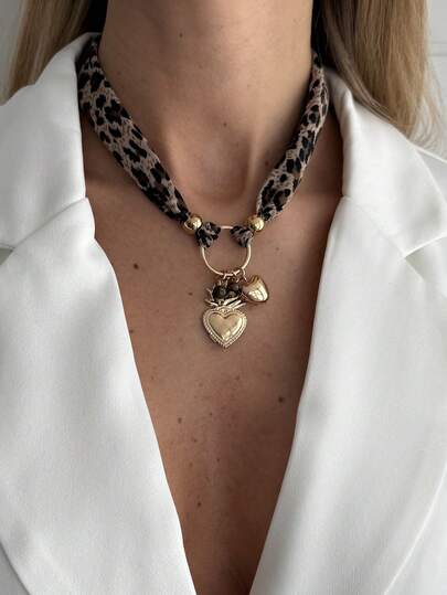 1 pieza Collar con colgante de corazón de estilo bohemio de CCB con cadena de estampado de leopardo, elegante y lujoso para uso casual diario/fiesta/cita, joyería versátil de regalo para vacaciones de mujer