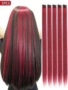 5 PCS Red Colored Clip In Hair Extensions 20 Inch Long Straight Hairpieces Clip In Synthetic, Halloween Cosplay Dress Up Fashion Party Christmas New Year Gift For Women Christmas New Year Carnival Music Festival Use(RED) - 酒紅色 - 查看 10