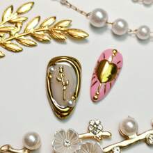 10pcs Handmade Press On False Nails Medium Almond Pink Nude 3D Gold Metallic Pearl Rhinestone Star Nail Charms Romantic Princess Royalcore Style Wedding Date Tea Party Daily Wear Unas Postizas - Hồng - Xem 3