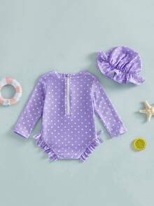 Baby Girl Polka Dot Long Sleeve Rash Guard Swimsuit Set Ruffle One Piece Bathing Suit Bow Swim Cap Infant Beach 2Piece Set - Purple - View 2
