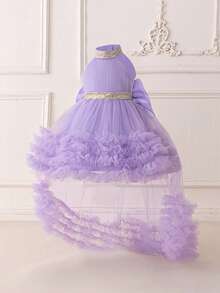 Baby Girls Sequin Mesh Backless Bow Cute 1st Birthday Trailing Dress, Suitable For Party, Flower Girl, Wedding, Without Headband - Mauve Purple - View 3