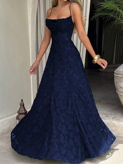 Elegant Women's Backless Long A-Line Knit Dress, Decorated With Spaghetti Straps And Flared Hem, Sleeveless Boat Neck Design Party