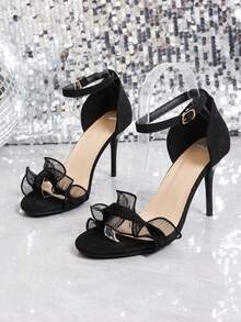 Black Lace Trim High Heel Sandals, Elegant Pointed Toe Stiletto Dress Shoes, Rear Covered Toe Open Sandals For Women, Fashionable Commuting Spring/Summer New Arrival - Black - View 11